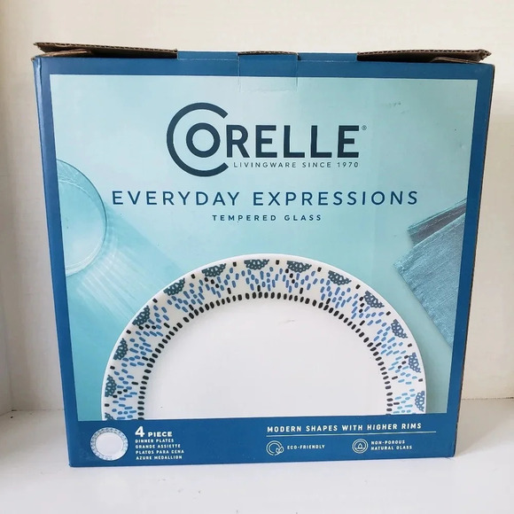 New in Box Set of  4 Corelle Everyday Expressions Tempered Glass Plates. - Picture 1 of 5